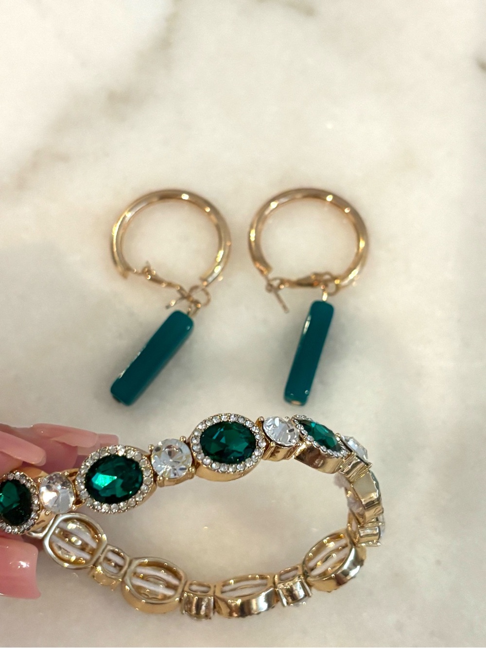 Gold-Plated Green Crystal Bracelet and Hoop Earrings Set